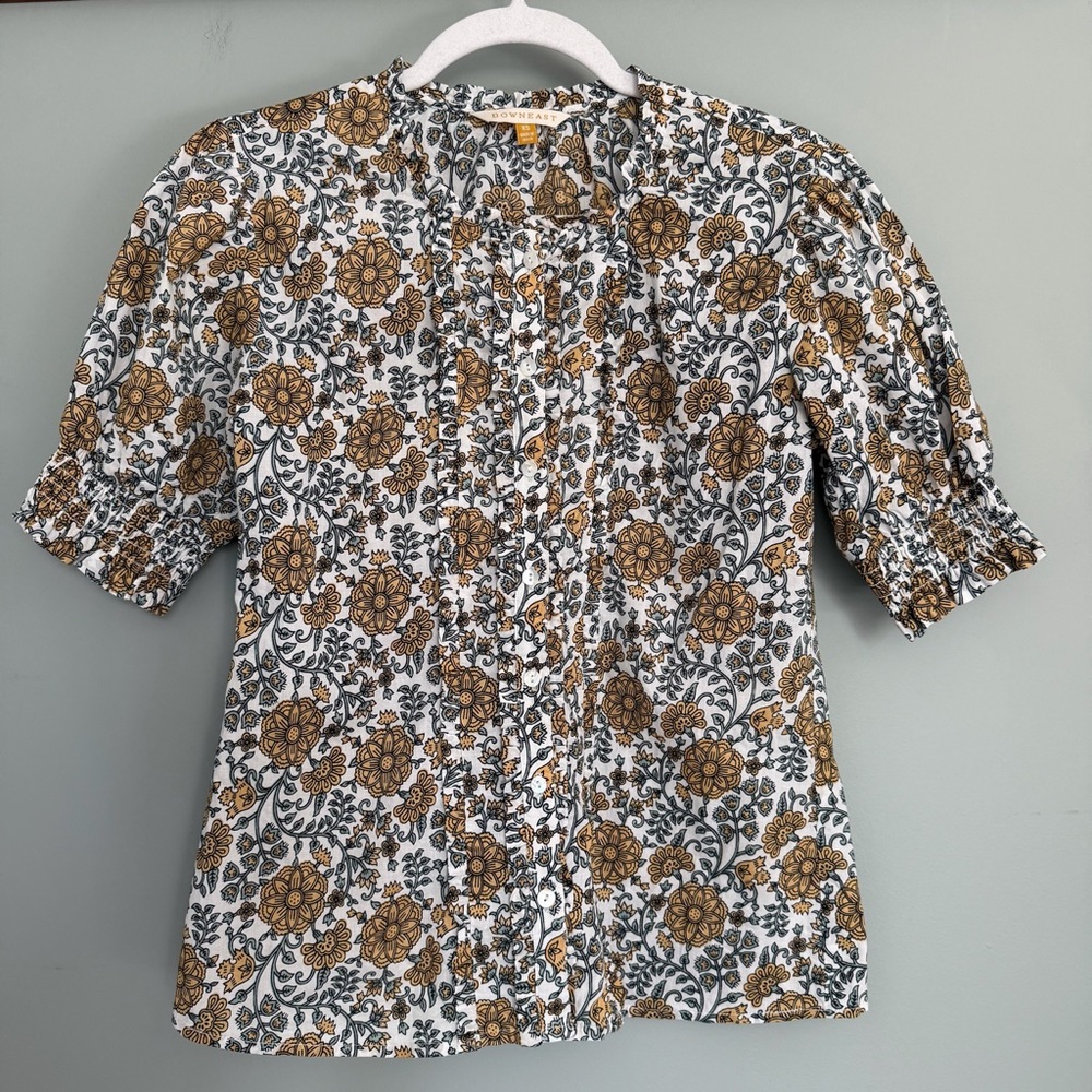 Downeast Boho Floral Print Puff Short Sleeve Button Down Blouse Top Cottagecore